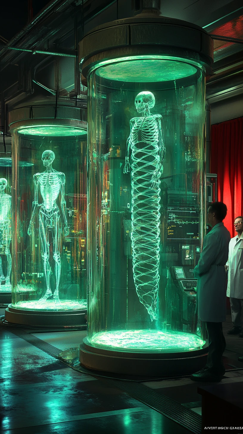 Futuristic lab with winged humanoids in glowing tanks