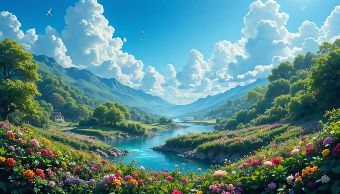 Jardín ribereño exuberante bajo un cielo azul celeste con luz suave