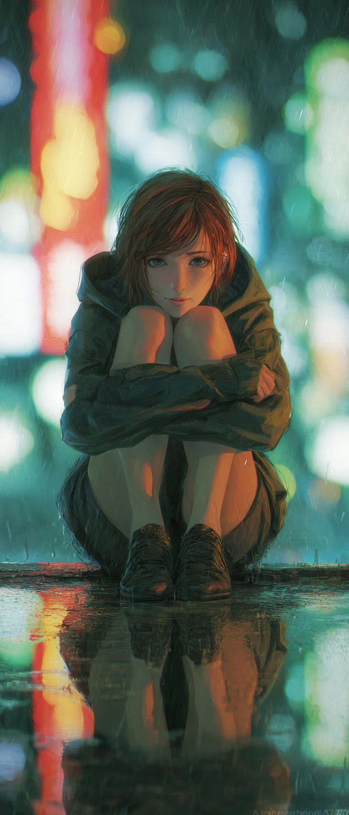 Teen girl on rainy neon rooftop hugging her knees