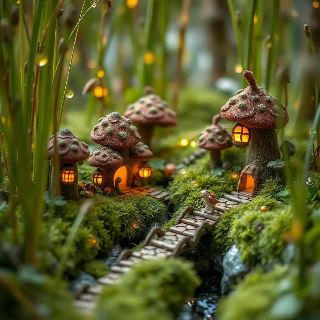 Village de Champignons Miniature sur un Sol de Forêt en Laine