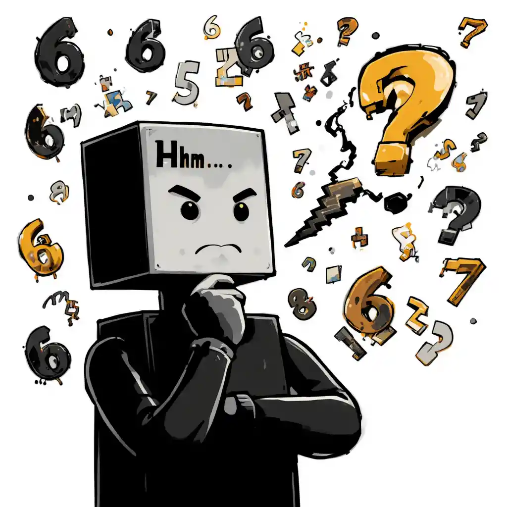 Pixel art cartoon thinker surrounded by floating digital symbols