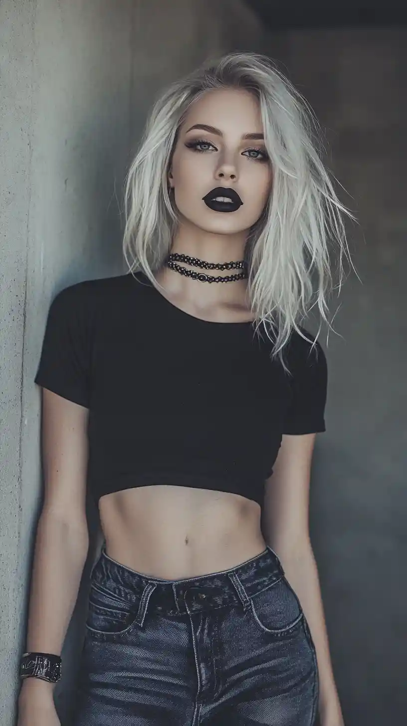 Gothic girl with black lipstick posing in a doorway