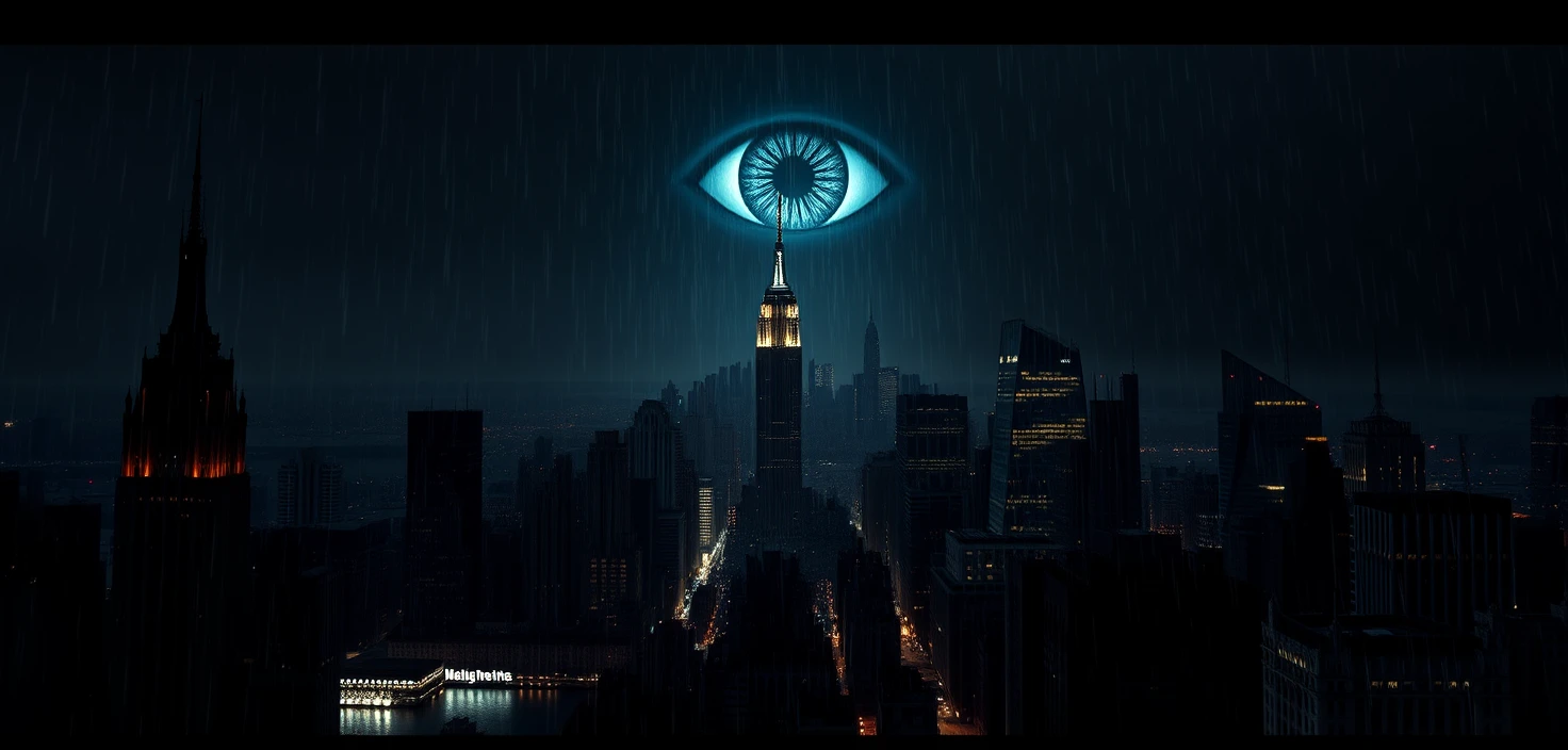 Gigantesco Occhio Luminoso sopra lo Skyline di New York a Mezzanotte