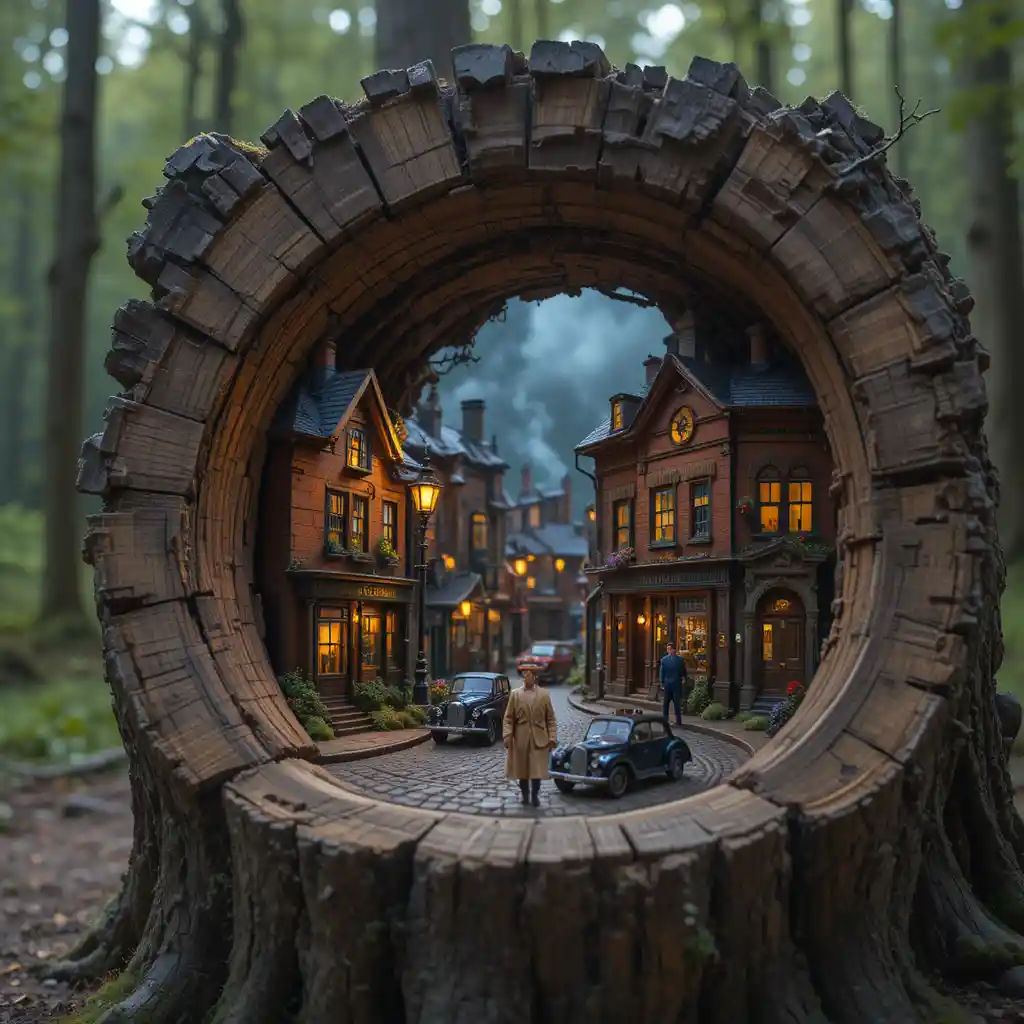 Miniaturstraße des viktorianischen London in einer hohlen Eiche im Wald