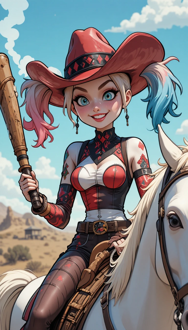 Cartoon cowgirl with pigtails riding a white horse