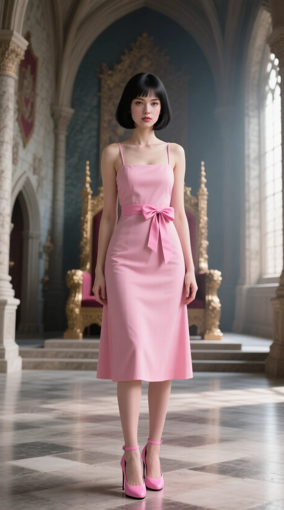 Elegant woman in pink dress in a grand castle hall