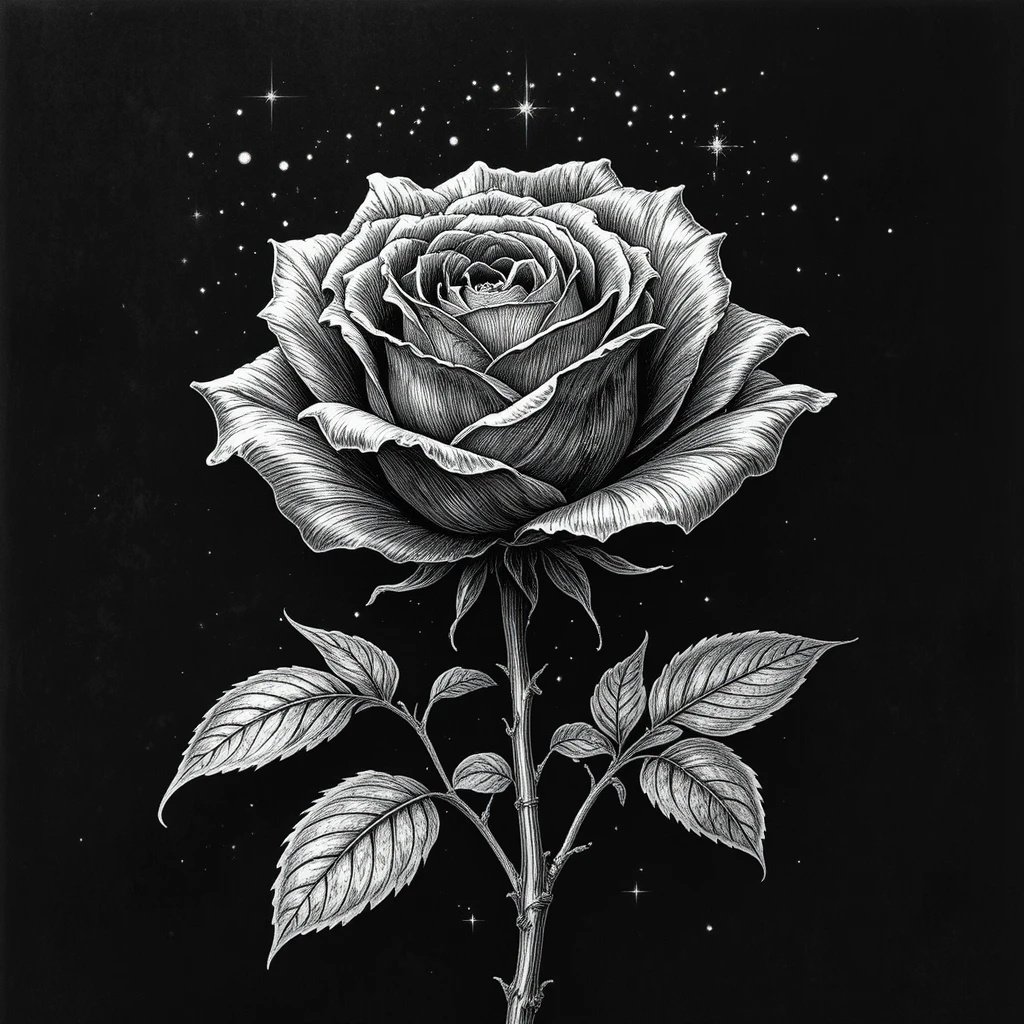 Rosa scura incisa avvolta da una sottile luce stellare cosmica