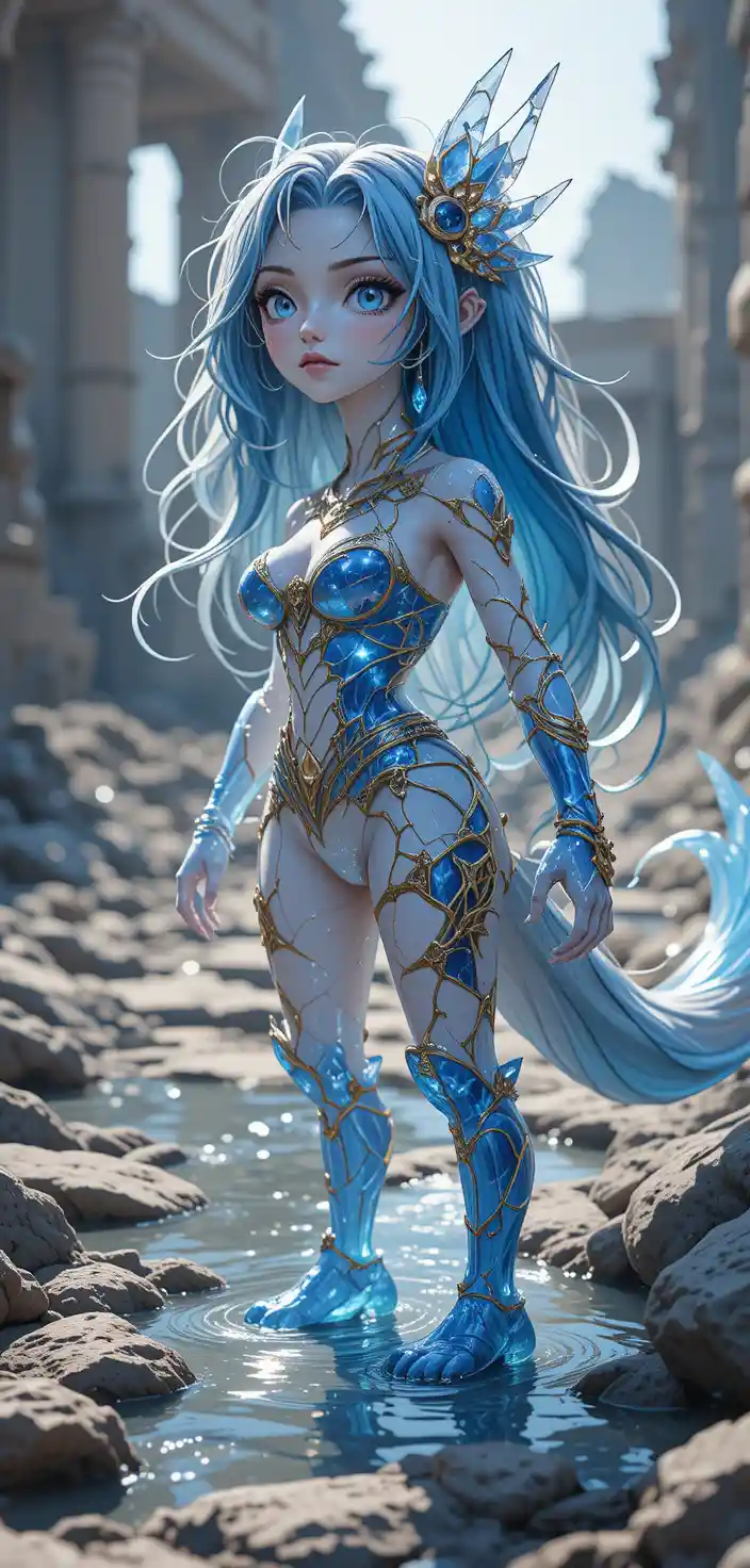Guerriera anime con lunghi capelli ciano e marchio di gilda