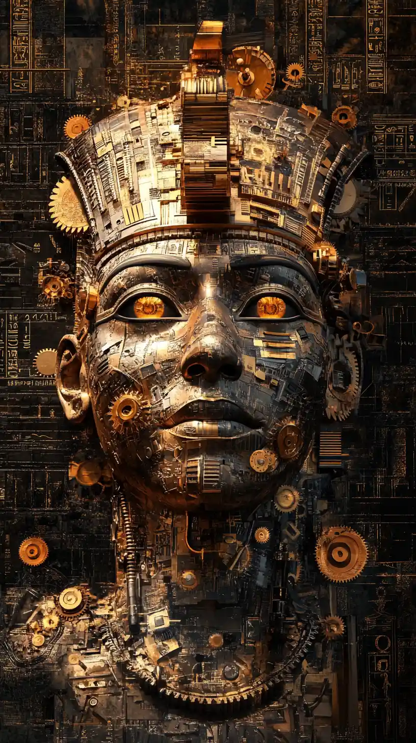 Ancient Egyptian pharaoh fused with intricate mechanical gears