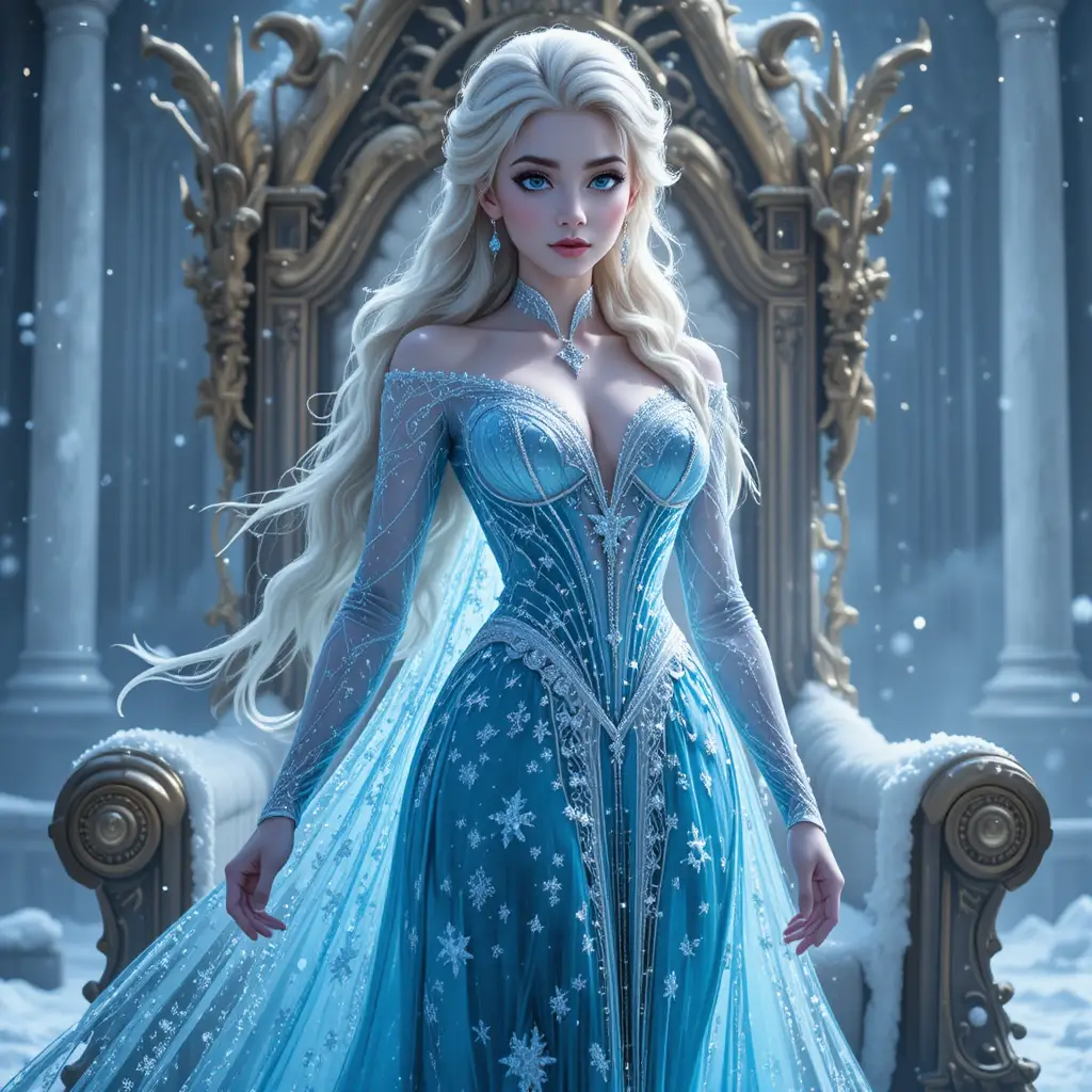 Regal ice sorceress queen in a shimmering winter gown