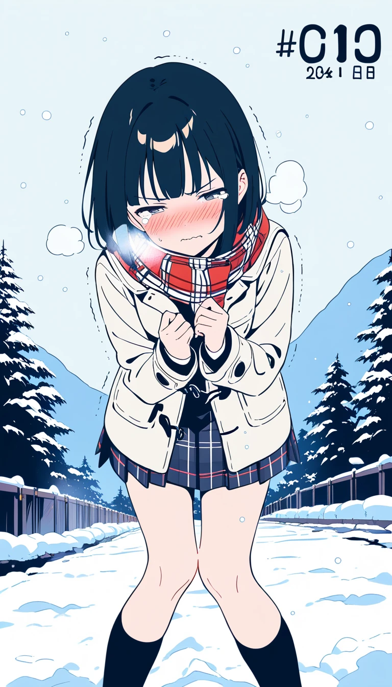 Lycéenne timide style anime en manteau d’hiver dans une rue enneigée