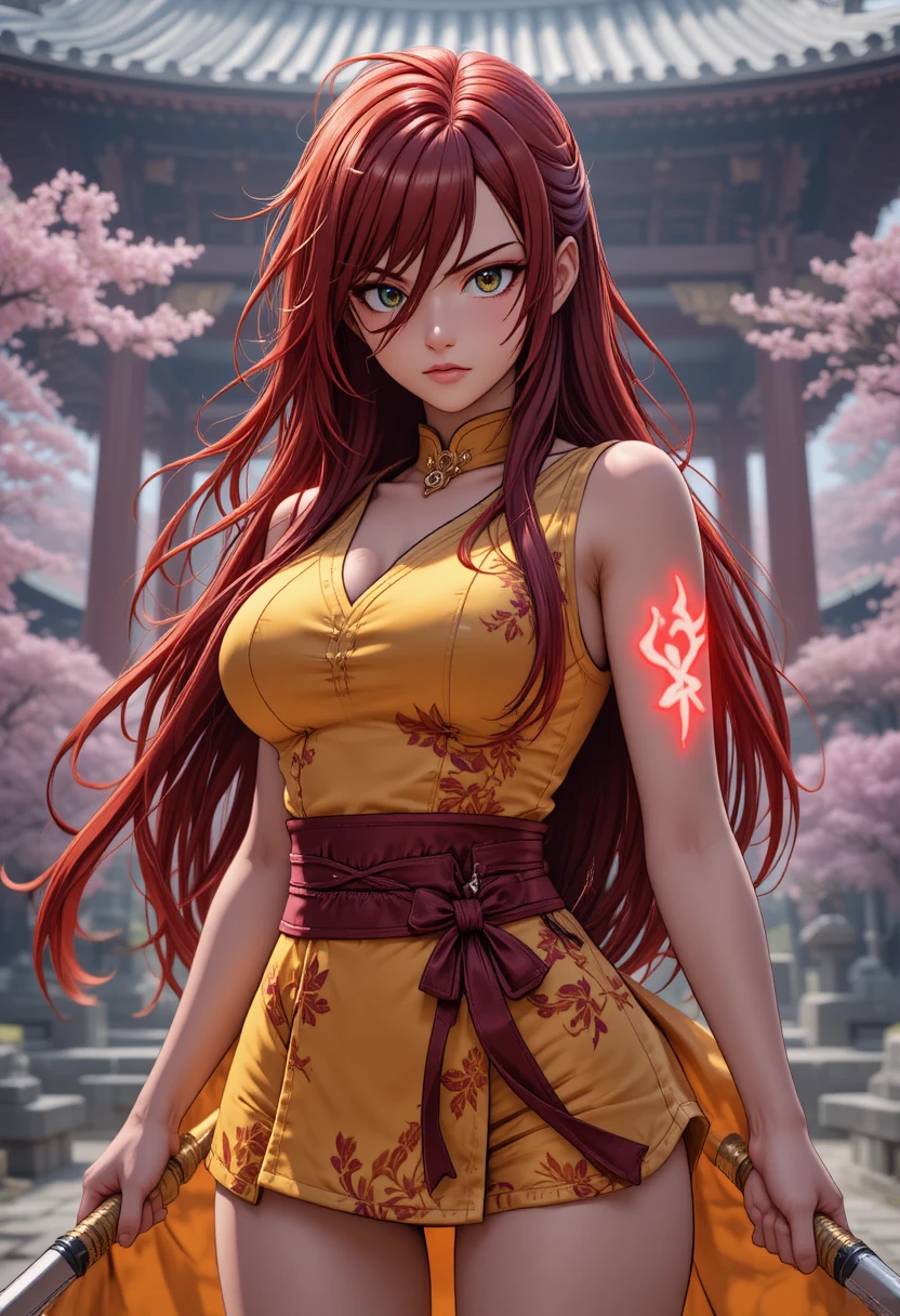 寺院で双刀を構えるアニメの女戦士