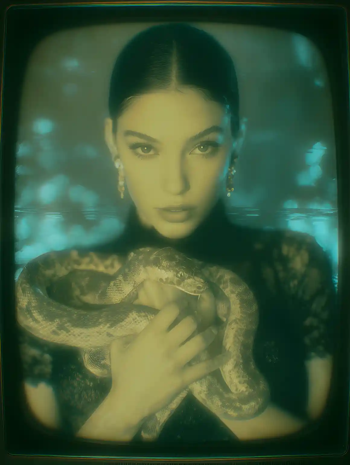 Full body woman holding golden snake on vintage crt screen