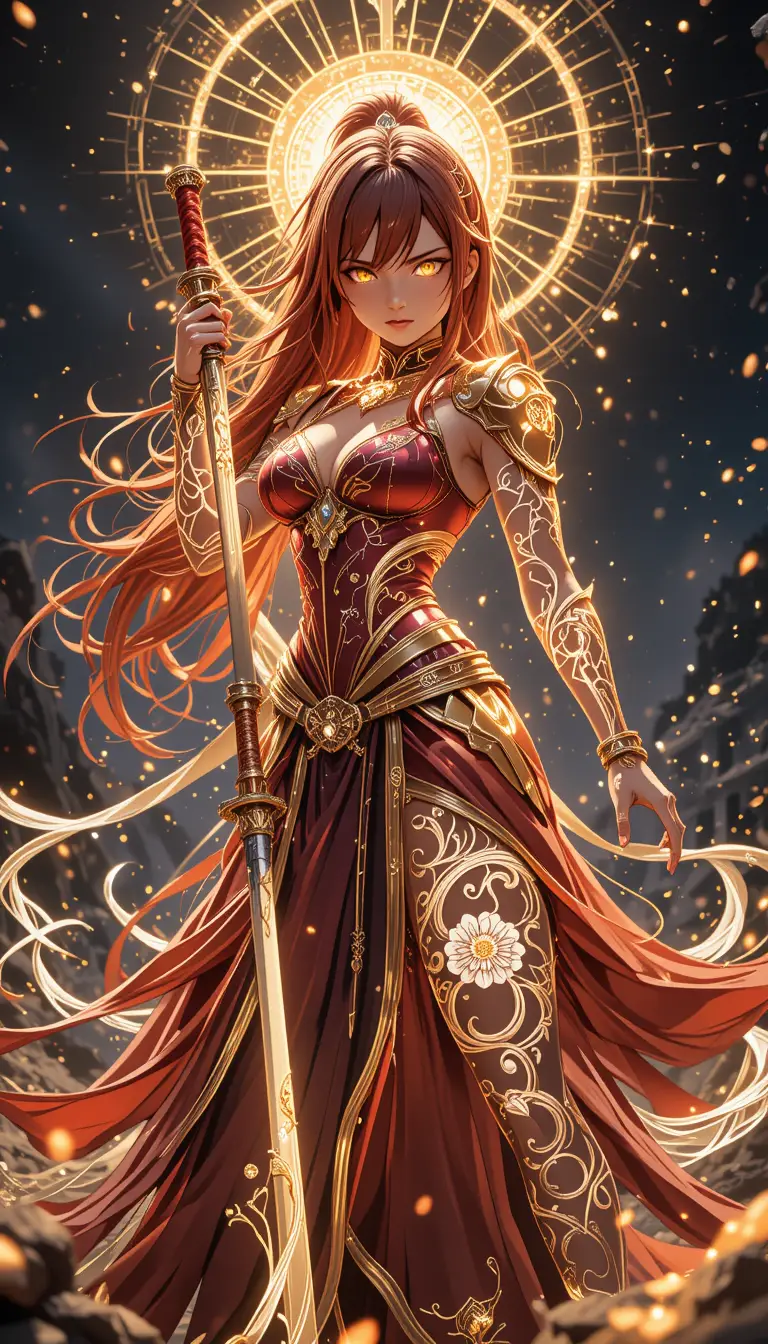 Anime warrior woman with glowing katana in battle stance