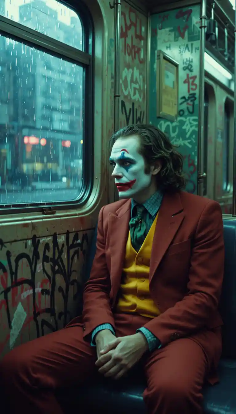 Sad man in clown makeup on lonely gotham subway
