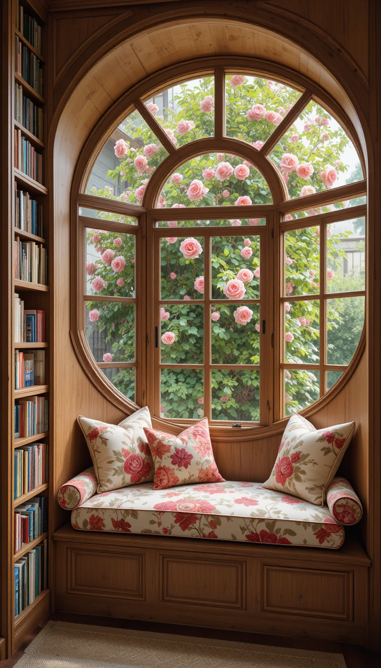 Coin lecture cosy avec fenêtre ronde et coussins fleuris