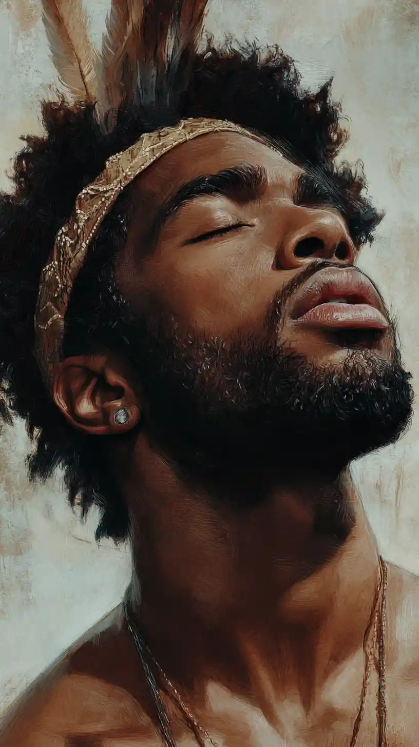 Serene close up portrait of a Black man in quiet reflection