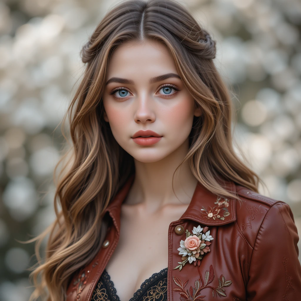 Young woman in embroidered leather jacket with soft bokeh