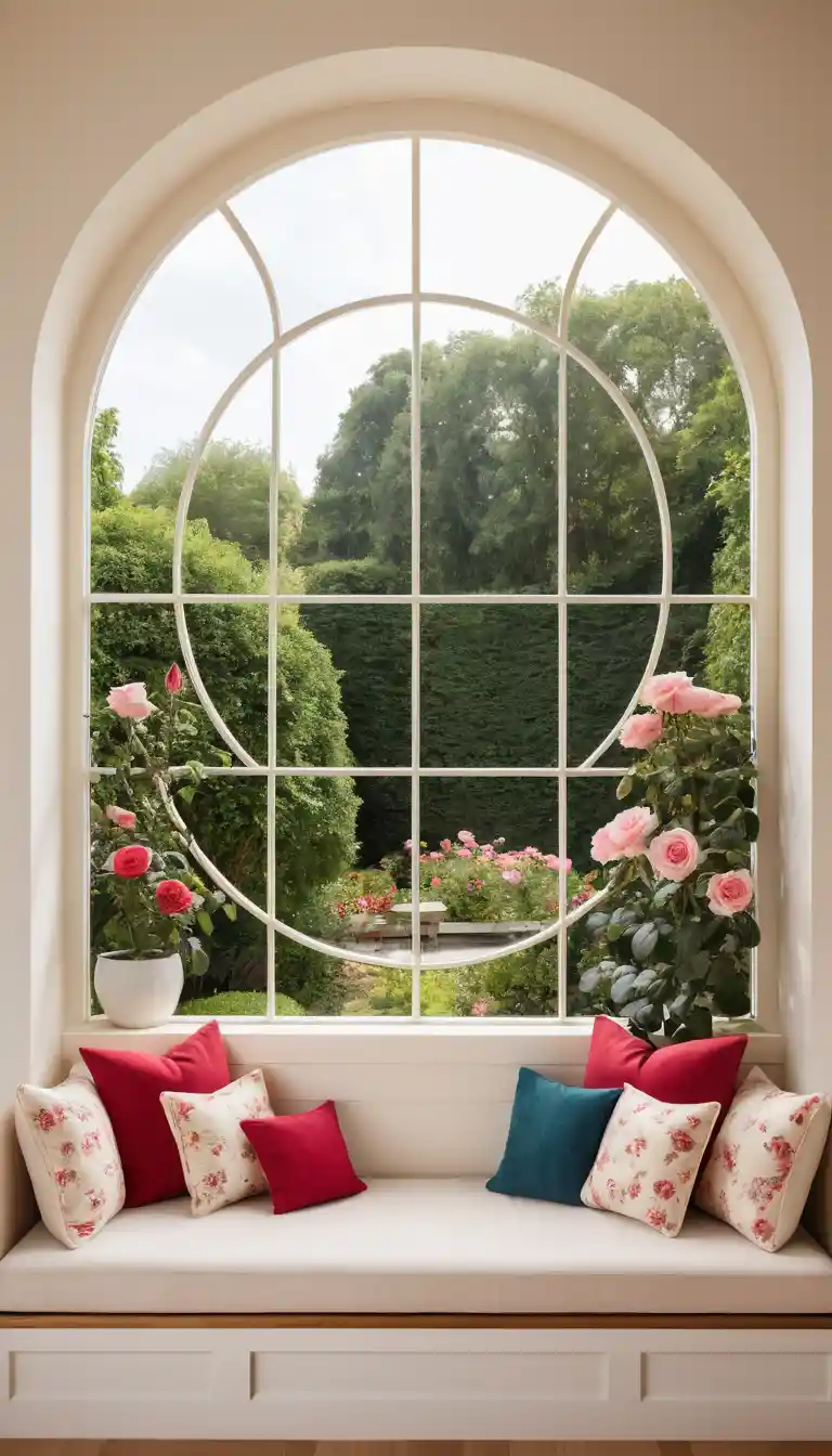 Coin lecture cosy avec fenêtre ronde en bois et roses
