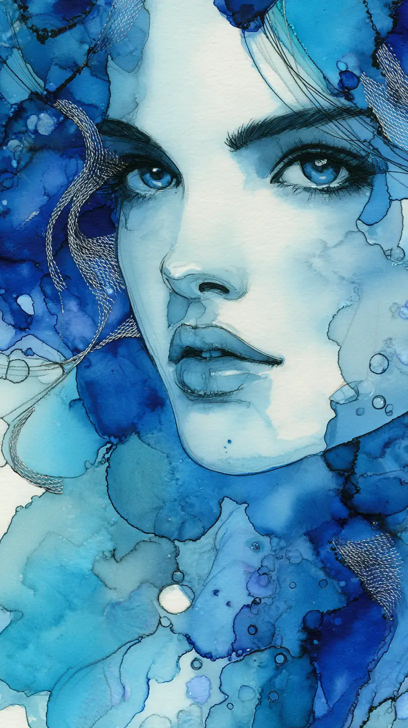 Close up woman in cool blue ethereal winter painting