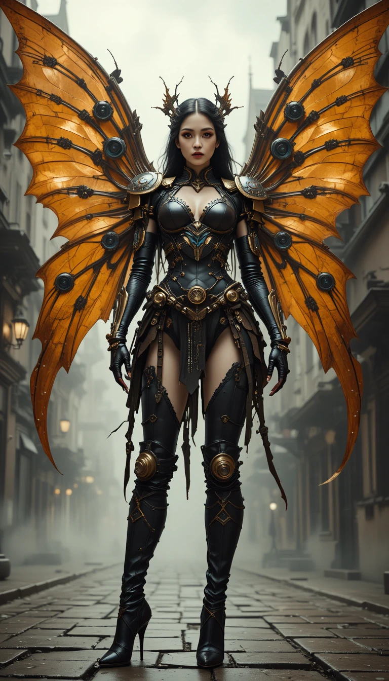 Gothic-Steampunk-Feenkriegerin in mechanischer Flügelrüstung