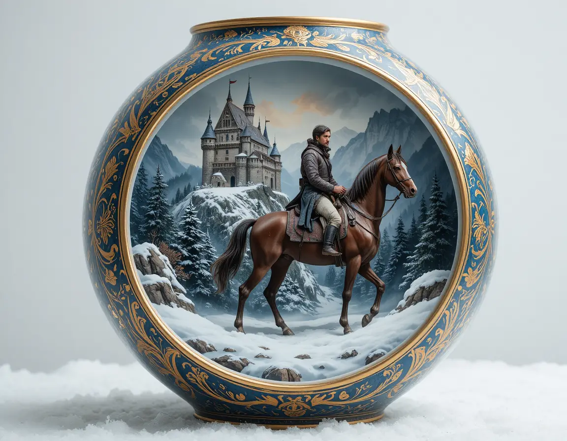 Horseman in winter castle landscape inside ornate porcelain vase
