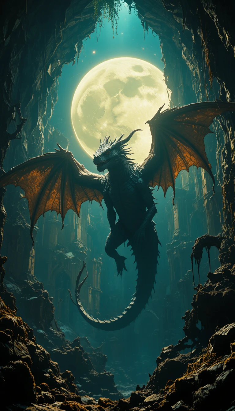 Drago nero che vola davanti a una luminosa luna piena
