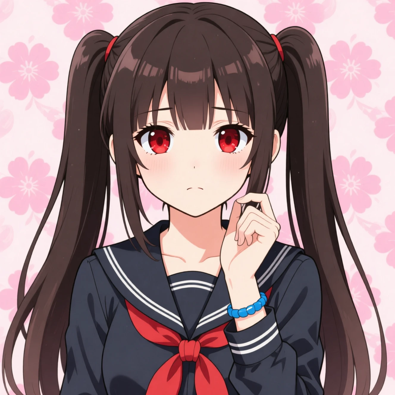 Studentessa delle superiori in stile anime seria con occhi rossi e sfondo floreale