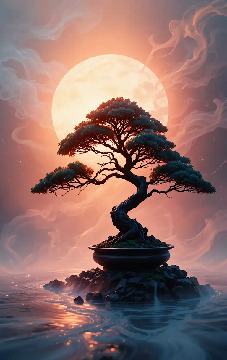 Elegante desenho de bonsai em tinta sob um sutil céu de nascer do sol