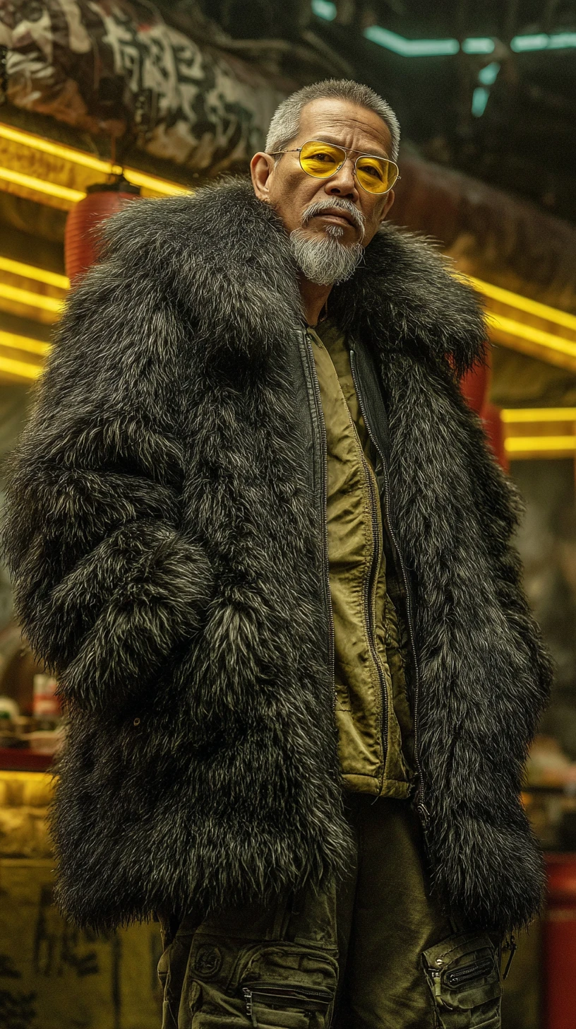 Stylish elderly man in fur coat at cyberpunk street stall