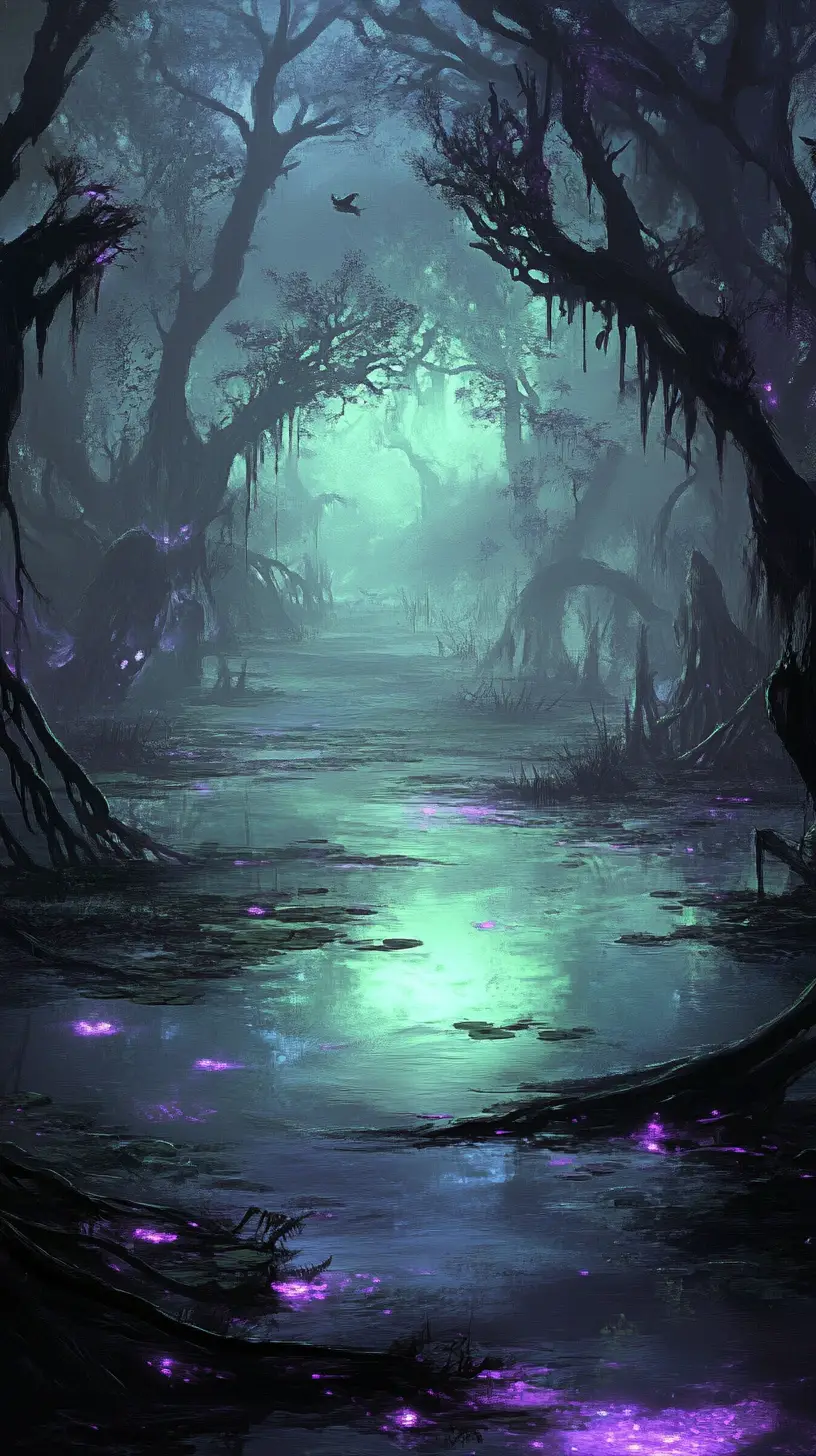 Eerie anime swamp of illusions with fog and reflections