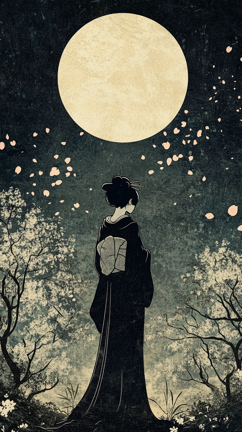 Geisha in giardino al chiaro di luna con petali di ciliegio cadenti