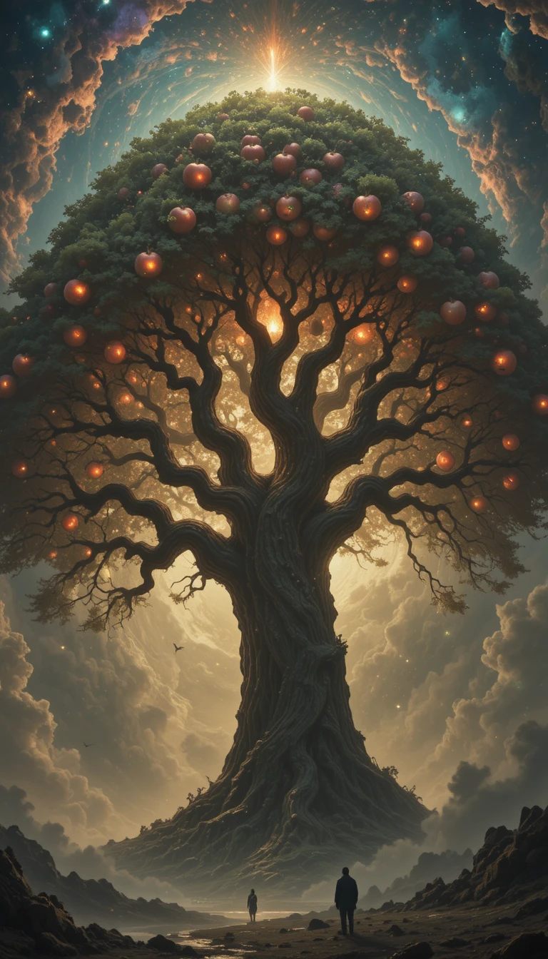 Ancient cosmic apple tree towering within a glowing nebula