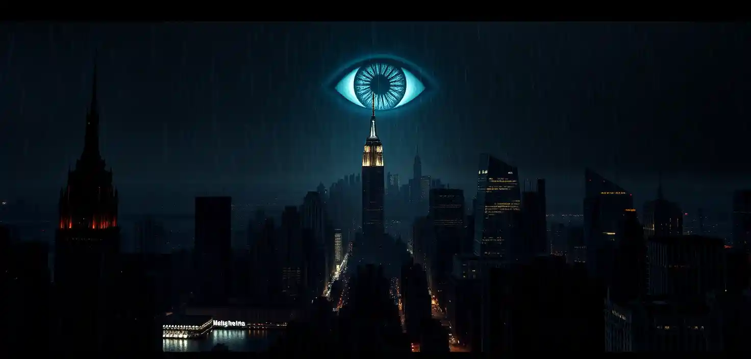 Gigantesco Occhio Luminoso sopra lo Skyline di New York a Mezzanotte