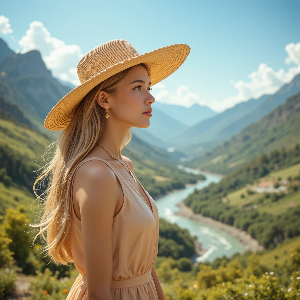 Young woman in straw hat gazing over mountain valley
