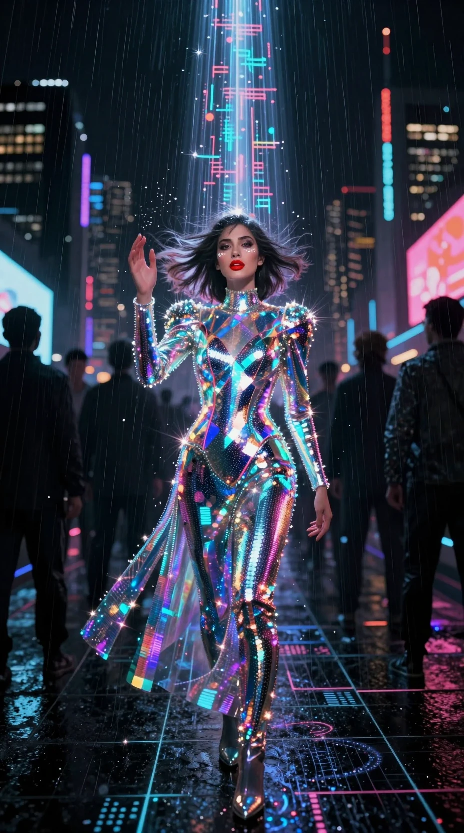 Oracle woman in holographic neon cyberpunk city