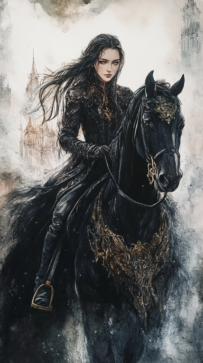 Dark fantasy warrior queen on black warhorse in ruins