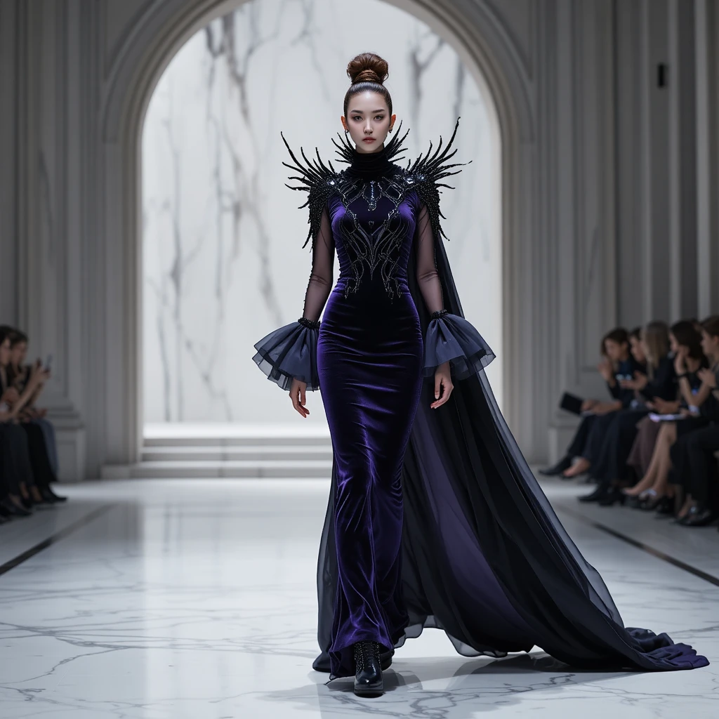 Korean model in purple velvet ferrofluid gown on runway
