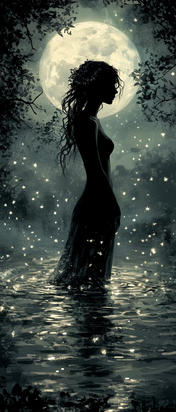Elf maiden in moonlit lake surrounded by glowing fireflies