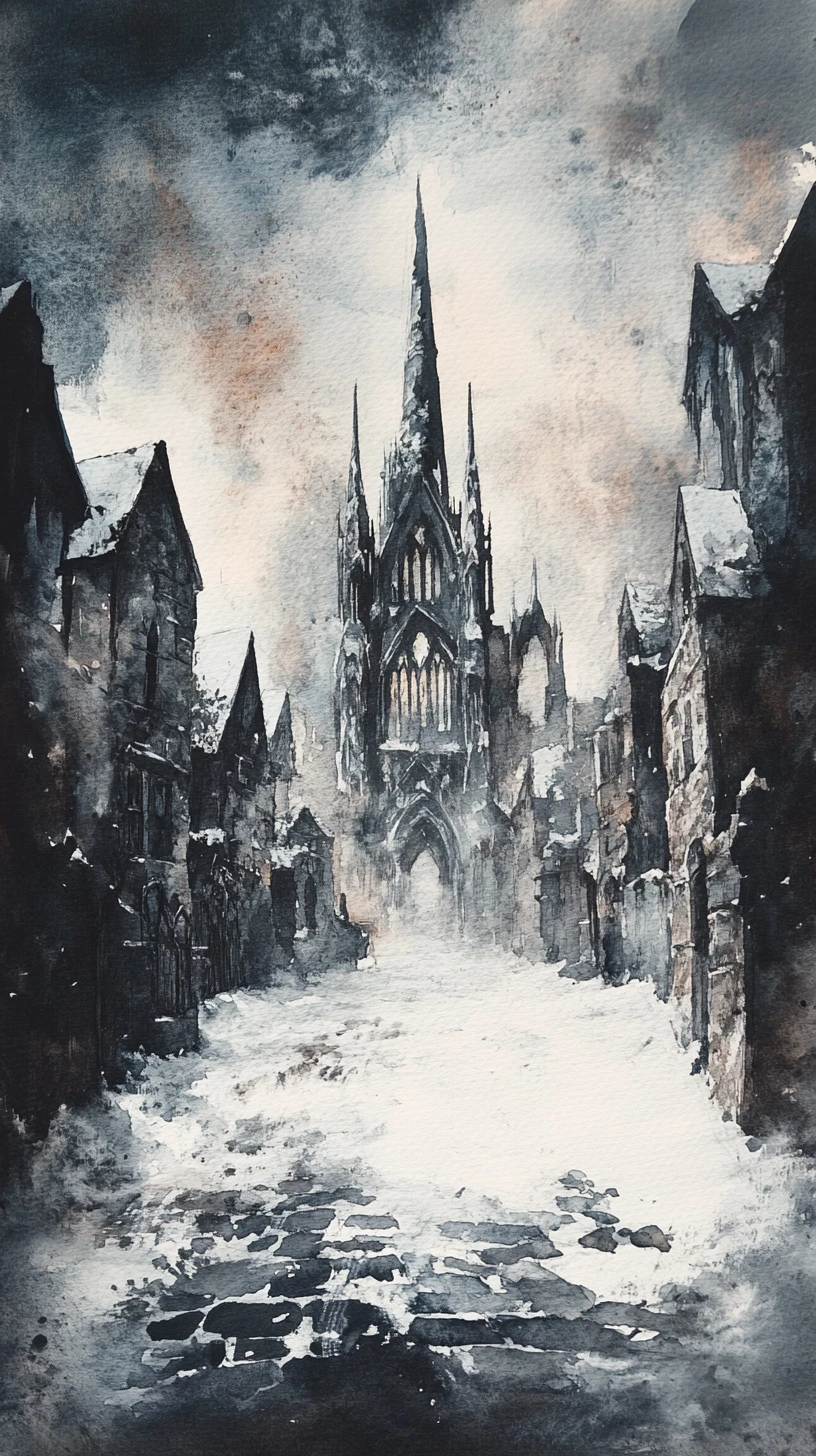 Ruinas de una catedral gótica invernal en un pueblo nevado y desolado