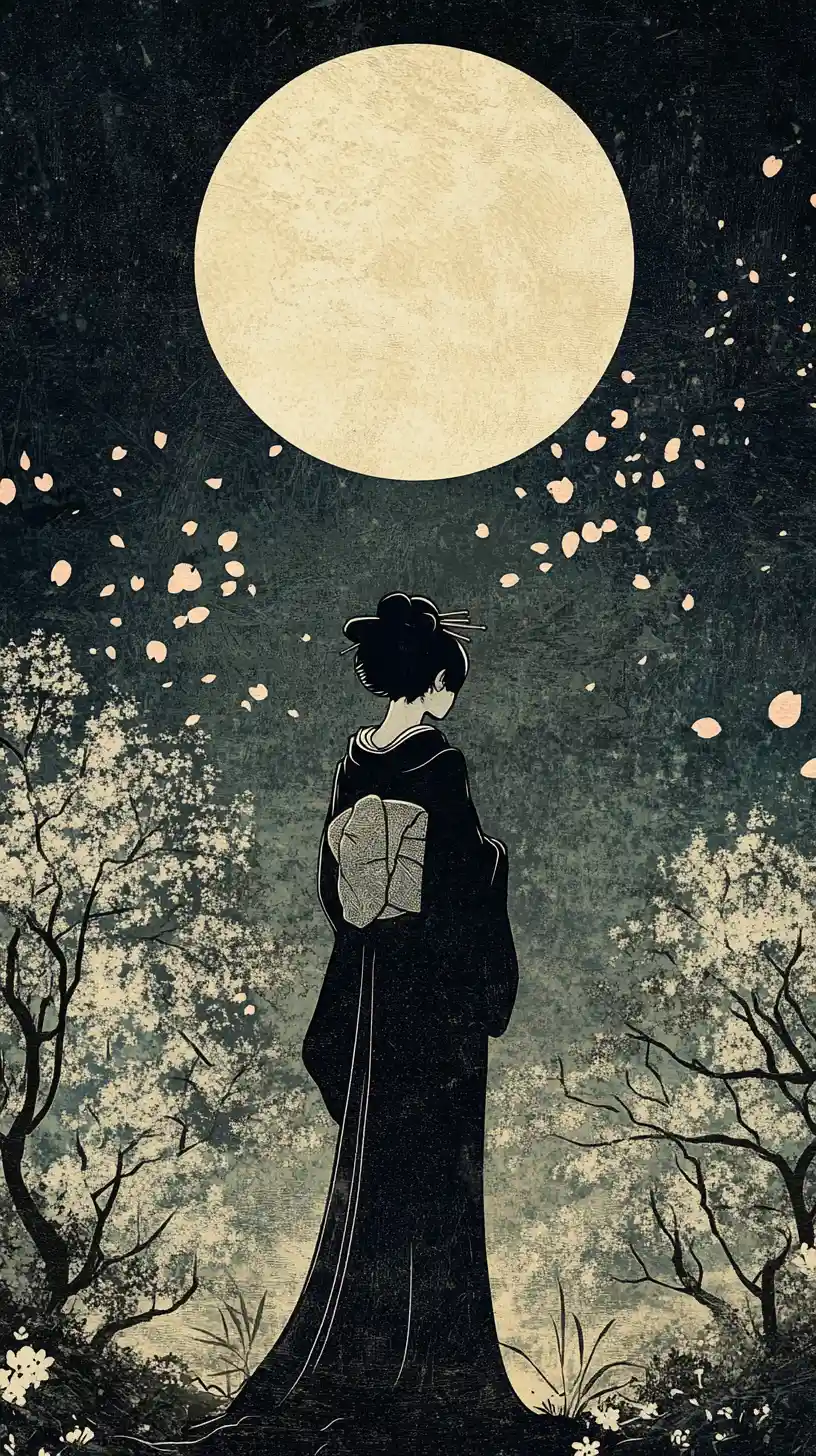 Geisha in giardino al chiaro di luna con petali di ciliegio cadenti