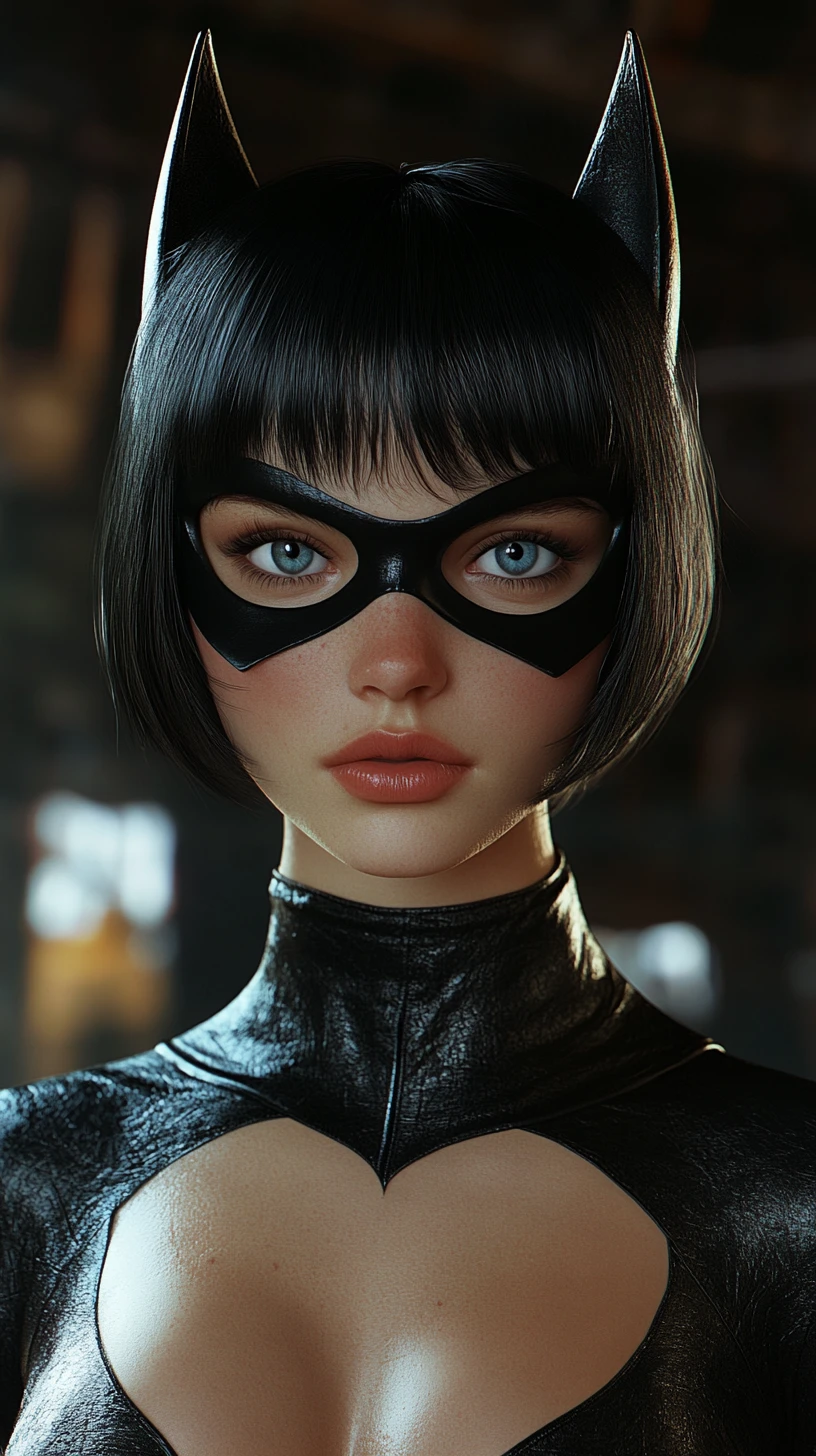 Dark masked bat girl in glossy black leather portrait