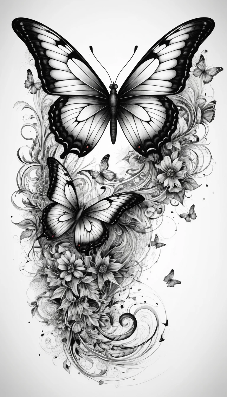 Dessin d’Illusion Intriqué de Papillon à l’Encre Noire et Blanche