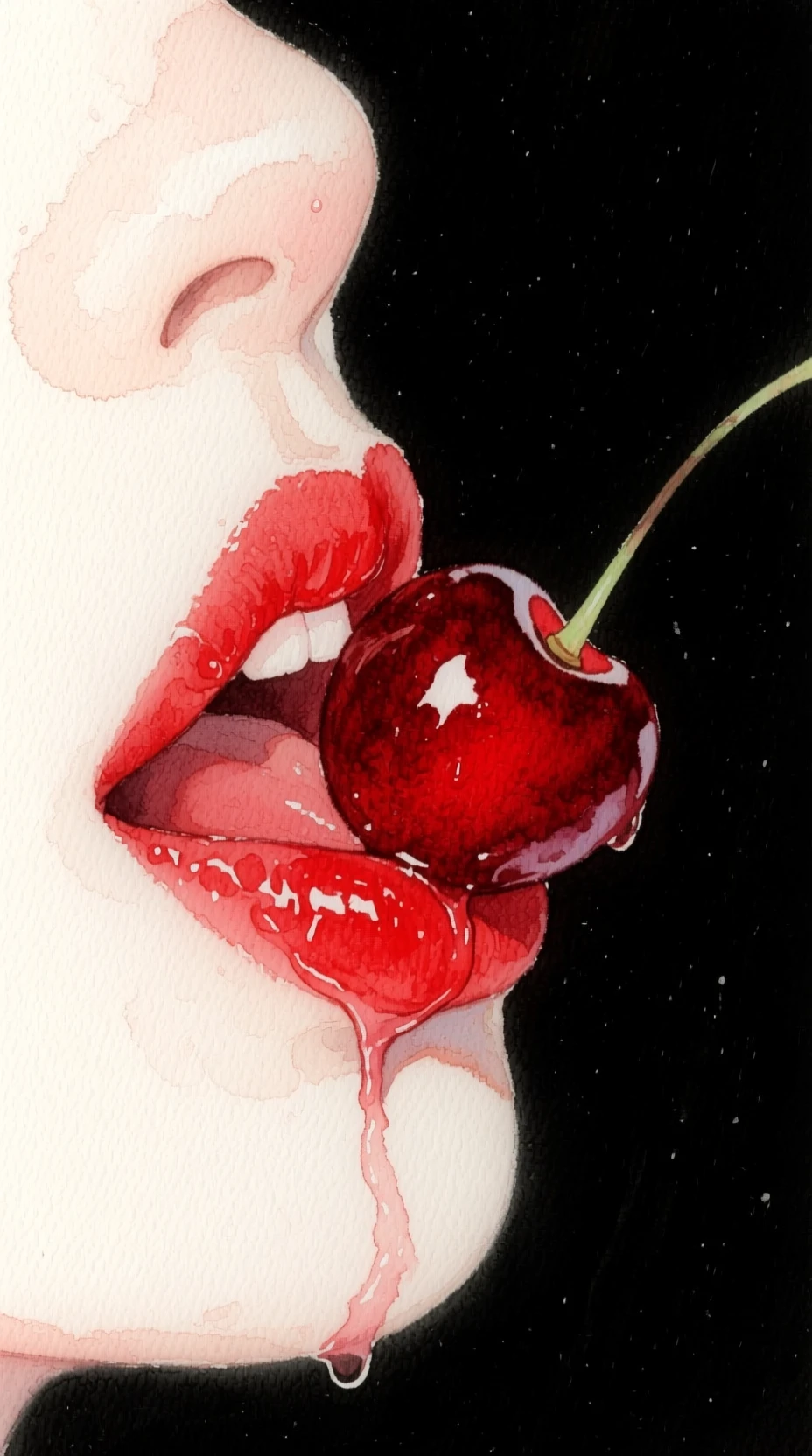 Wet red lips sensually holding a single juicy cherry