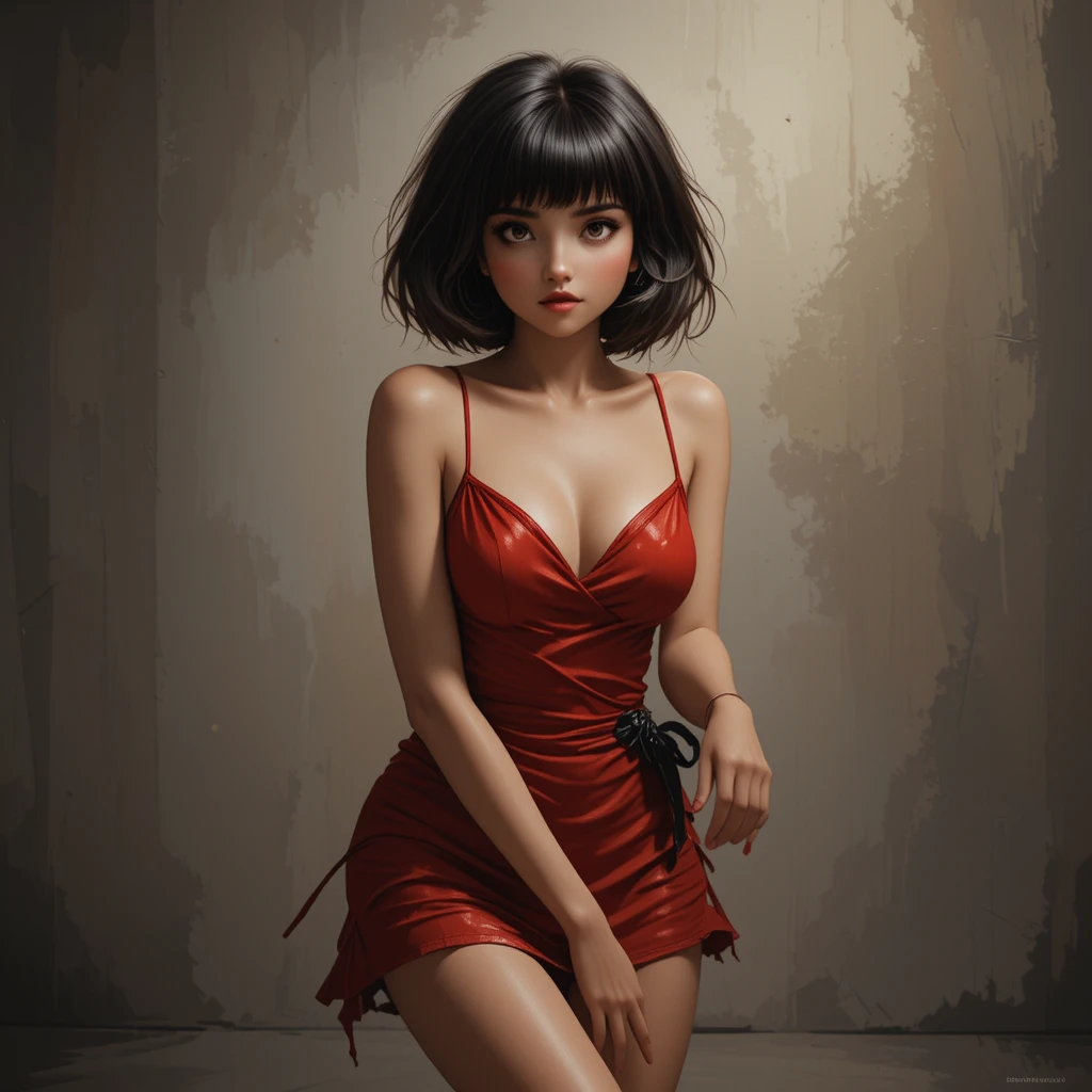 柔和棚拍燈光下站立的紅色洋裝年輕女子