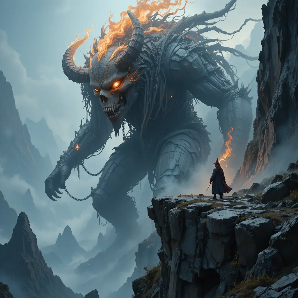 Wizard On Sheer Cliff Facing Shackled Fiery Creature