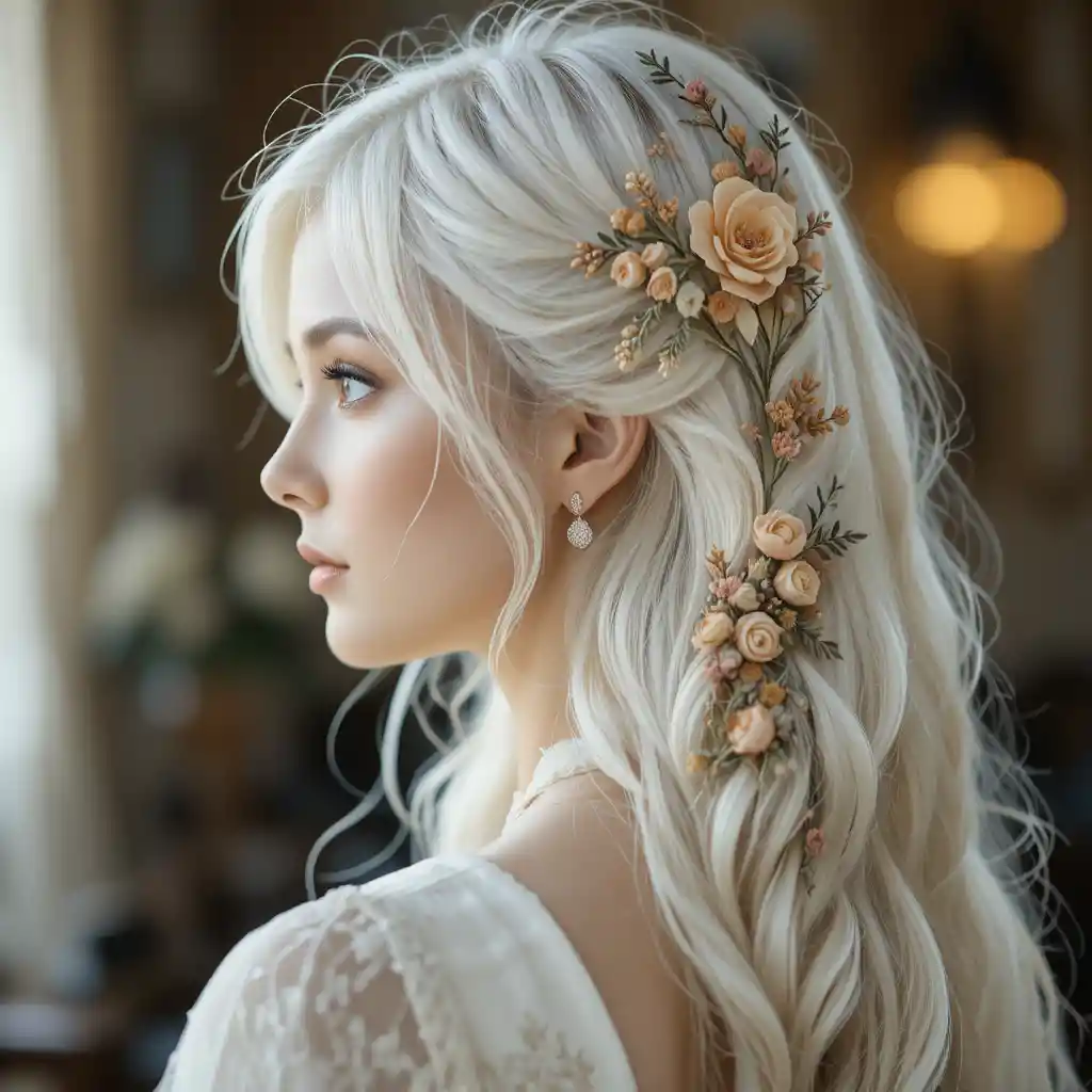 Woman in white dress with floral painted hair closeup