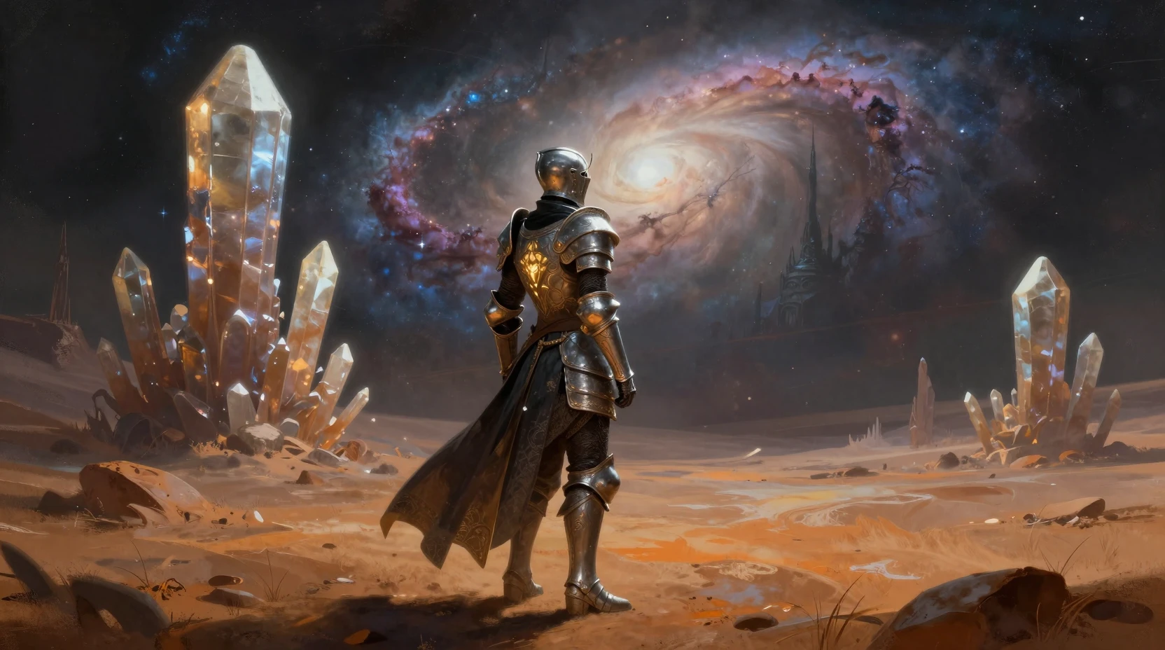 Caballero solitario acorazado en un mundo alienígena bajo una nebulosa brillante