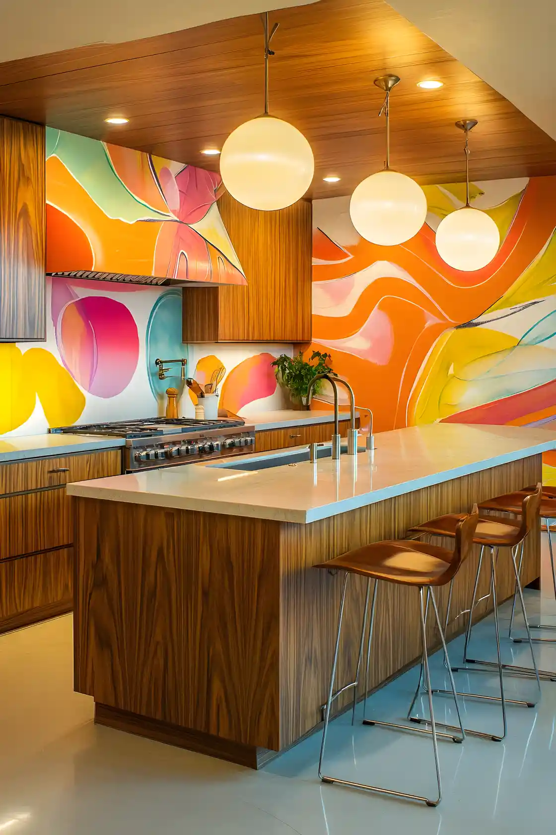 Cuisine rétro moderne des années 1950 avec fresque murale abstraite