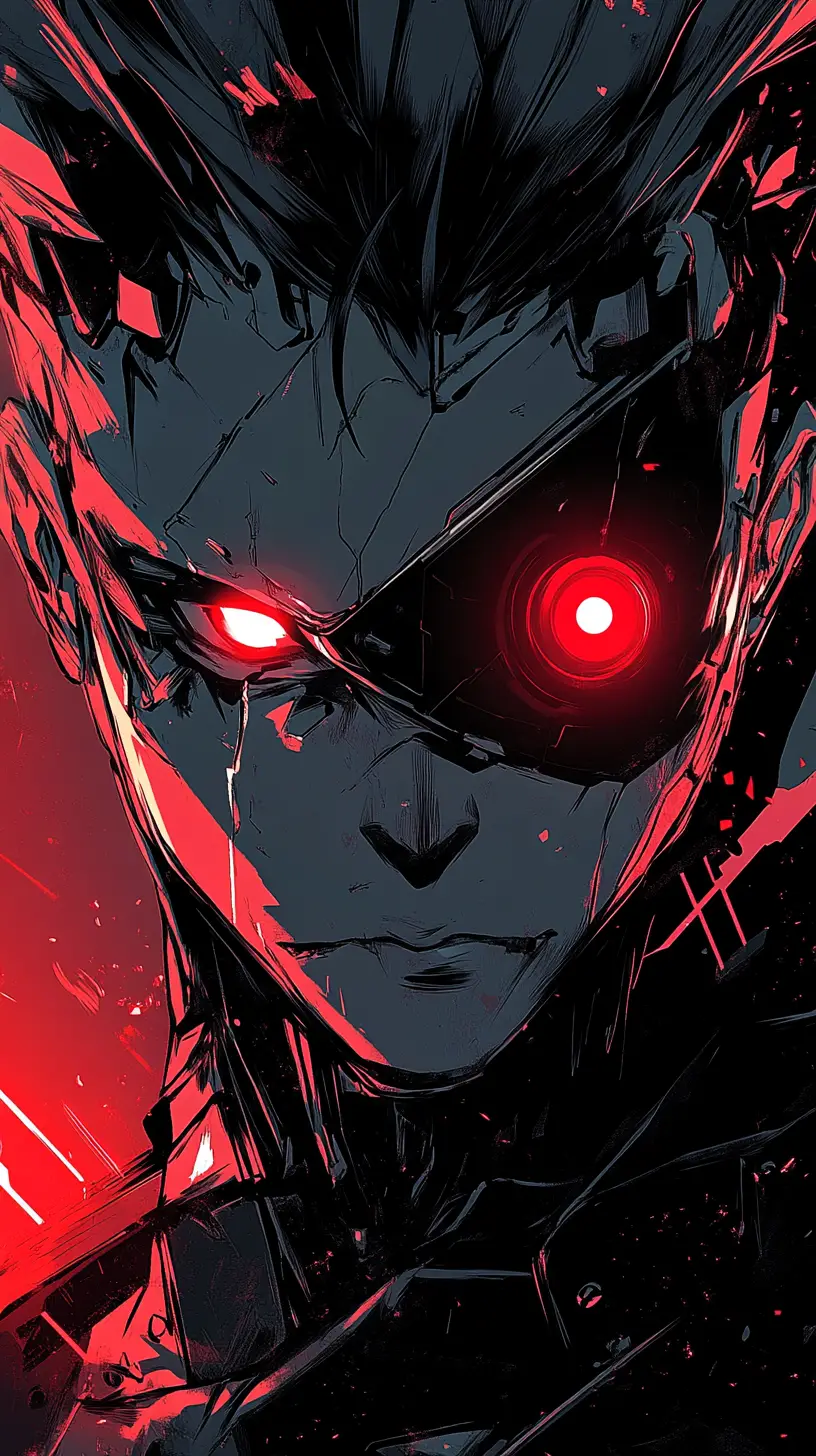 Brooding cyborg portrait with glowing red cybernetic eyes